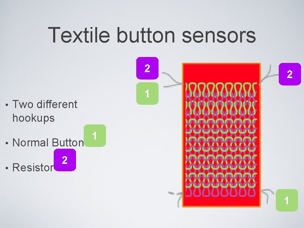 Textile button sensors 2 • • • 1 Two different hookups Normal Button Resistor