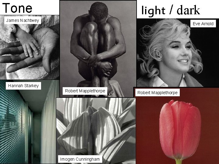 Tone light / dark James Nachtwey Eve Arnold Hannah Starkey Robert Mapplethorpe Imogen Cunningham