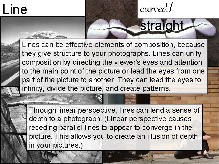 Line curved / straight Lines can be effective elements of composition, because they give