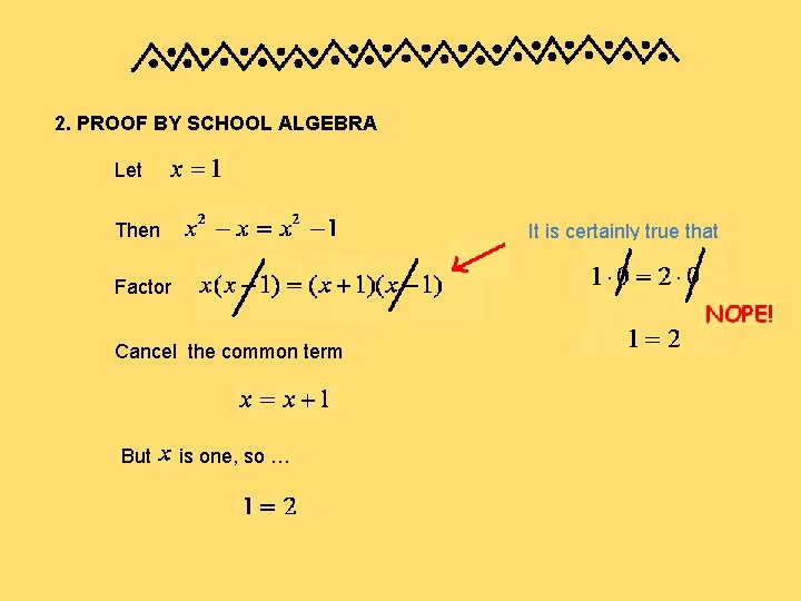 2. PROOF BY SCHOOL ALGEBRA Let Then It is certainly true that Factor Cancel