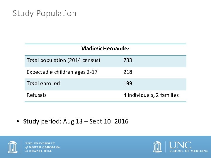 Study Population Vladimir Hernandez Total population (2014 census) 733 Expected # children ages 2
