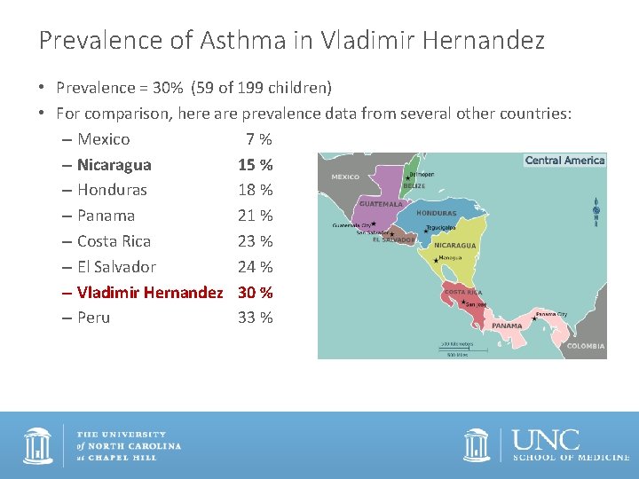 Prevalence of Asthma in Vladimir Hernandez • Prevalence = 30% (59 of 199 children)