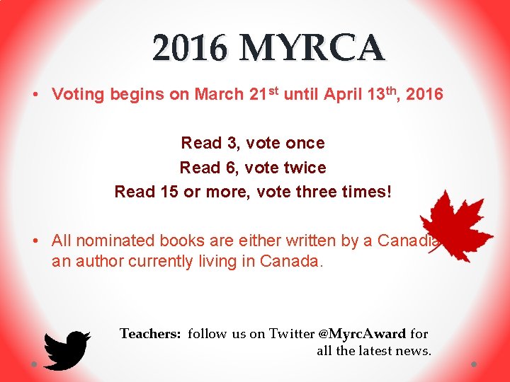 2016 MYRCA • Voting begins on March 21 st until April 13 th, 2016
