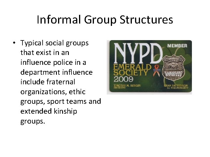 Informal Group Structures • Typical social groups that exist in an influence police in