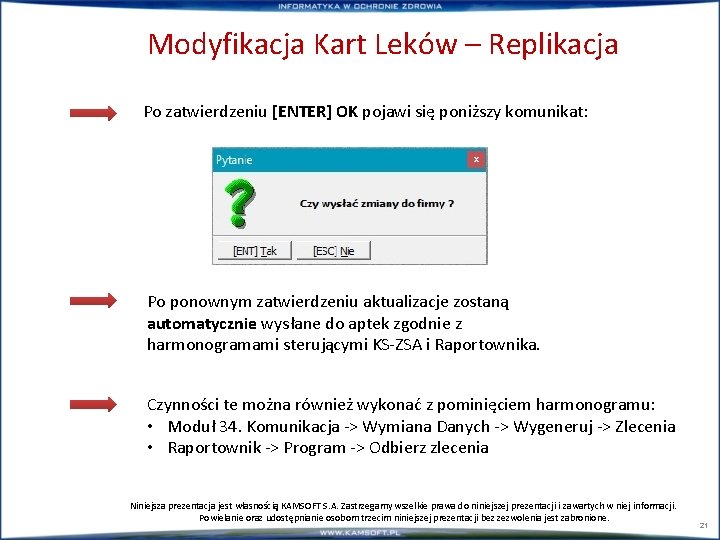 Modyfikacja Kart Leków – Replikacja Po zatwierdzeniu [ENTER] OK pojawi się poniższy komunikat: Po