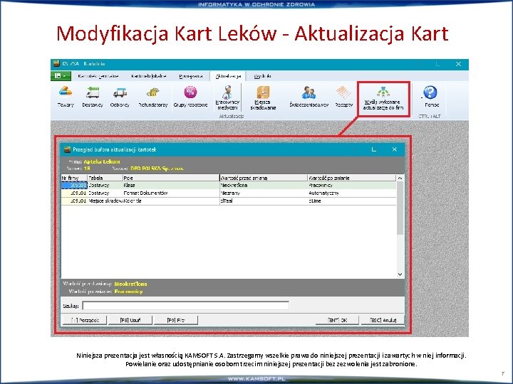 Modyfikacja Kart Leków - Aktualizacja Kart Niniejsza prezentacja jest własnością KAMSOFT S. A. Zastrzegamy