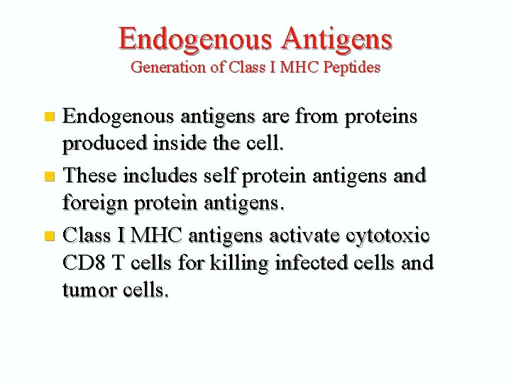 Endogenous Antigens Generation of Class I MHC Peptides Endogenous antigens are from proteins produced