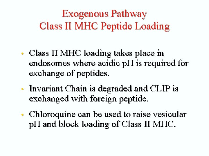 Exogenous Pathway Class II MHC Peptide Loading • Class II MHC loading takes place