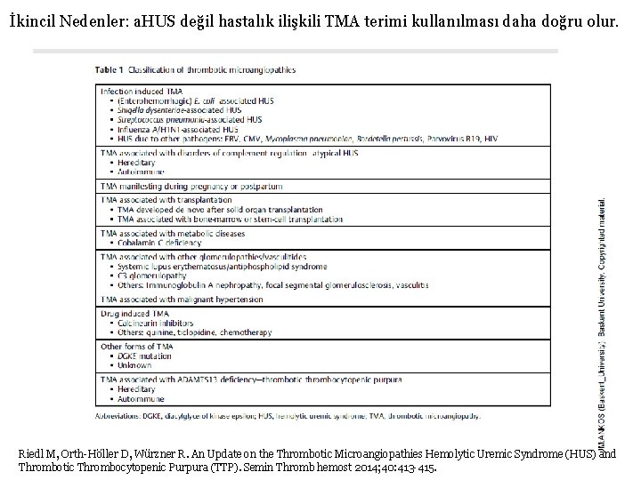 İkincil Nedenler: a. HUS değil hastalık ilişkili TMA terimi kullanılması daha doğru olur. Riedl