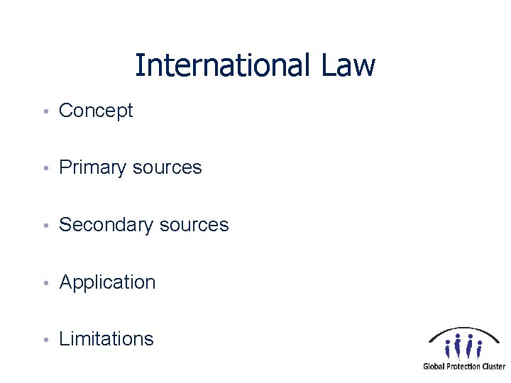 International Law • Concept • Primary sources • Secondary sources • Application • Limitations