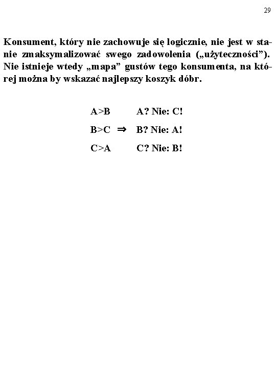 29 Konsument, który nie zachowuje się logicznie, nie jest w stanie zmaksymalizować swego zadowolenia
