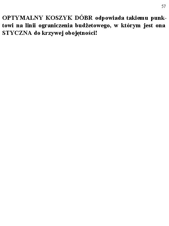 57 OPTYMALNY KOSZYK DÓBR odpowiada takiemu punktowi na linii ograniczenia budżetowego, w którym jest