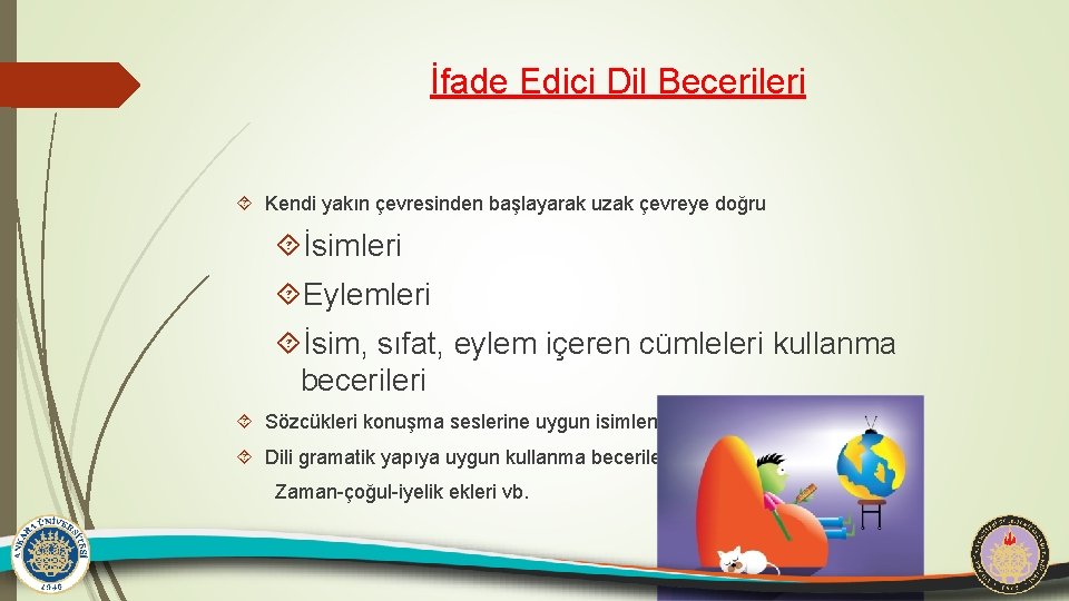 İfade Edici Dil Becerileri Kendi yakın çevresinden başlayarak uzak çevreye doğru İsimleri Eylemleri İsim,