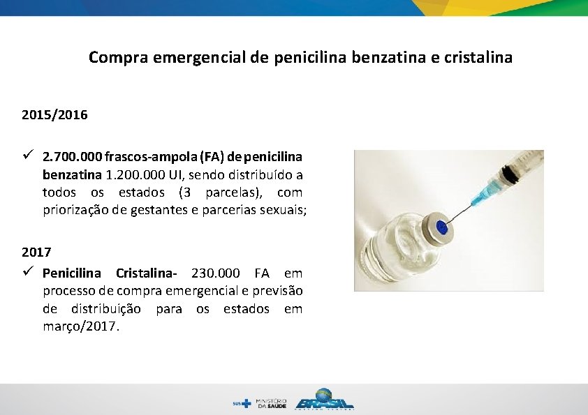 Compra emergencial de penicilina benzatina e cristalina 2015/2016 Desabastecimento de penicilina benzatina (I) ü