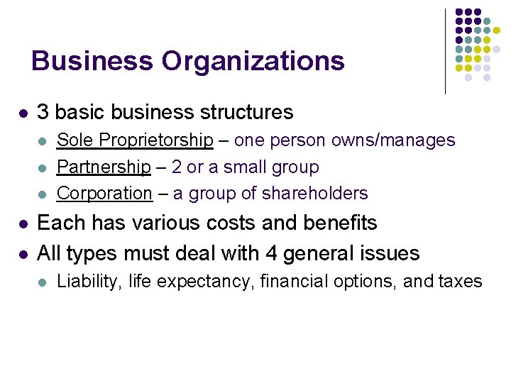 Business Organizations l 3 basic business structures l l l Sole Proprietorship – one