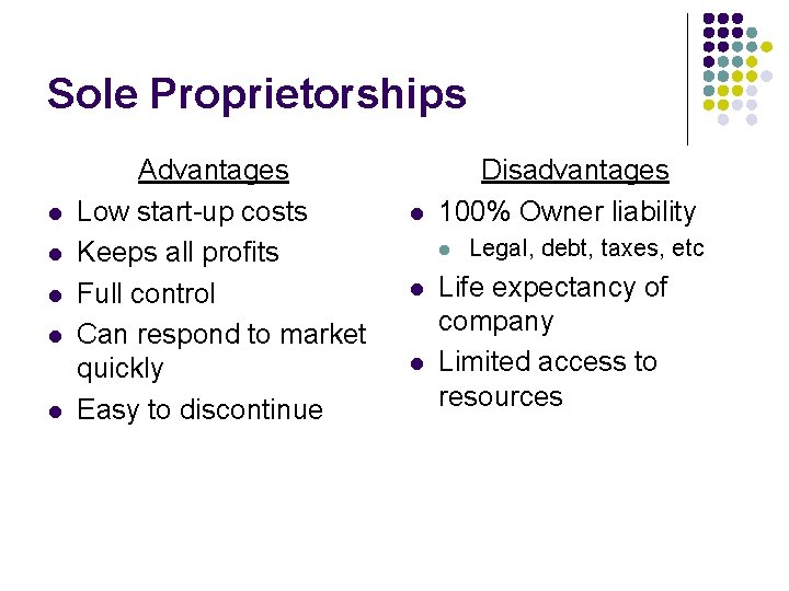 Sole Proprietorships l l l Advantages Low start-up costs Keeps all profits Full control