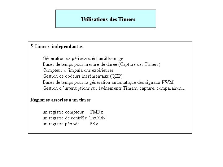 Utilisations des Timers 5 Timers indépendantes: Génération de période d’échantillonnage Bases de temps pour