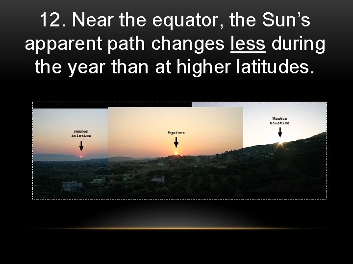 12. Near the equator, the Sun’s apparent path changes less during the year than