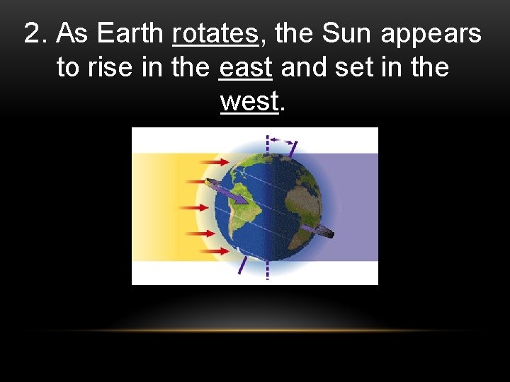 2. As Earth rotates, the Sun appears to rise in the east and set