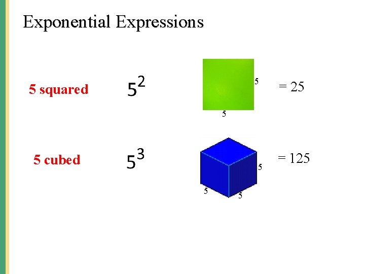 Exponential Expressions 5 5 squared = 25 5 5 cubed 5 5 5 =