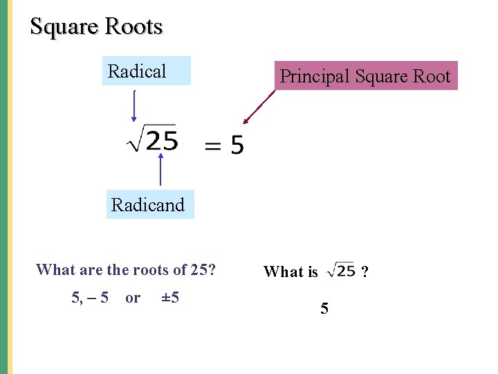 Square Roots Radical Principal Square Root Radicand What are the roots of 25? 5,