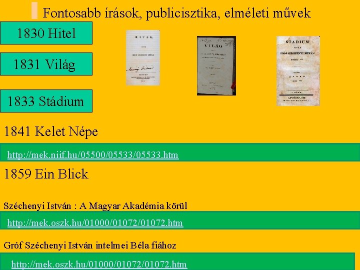 Fontosabb írások, publicisztika, elméleti művek 1830 Hitel 1831 Világ 1833 Stádium 1841 Kelet Népe