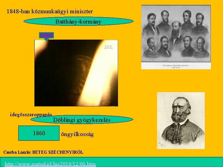 1848 -ban közmunkaügyi miniszter Batthány-kormány idegösszeroppanás 1860 Döblingi gyógykezelés öngyilkosság Csorba László: BETEG SZÉCHENYIRŐL