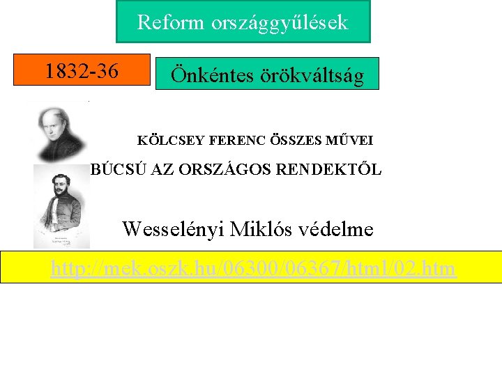 Reform országgyűlések 1832 -36 Önkéntes örökváltság KÖLCSEY FERENC ÖSSZES MŰVEI BÚCSÚ AZ ORSZÁGOS RENDEKTŐL