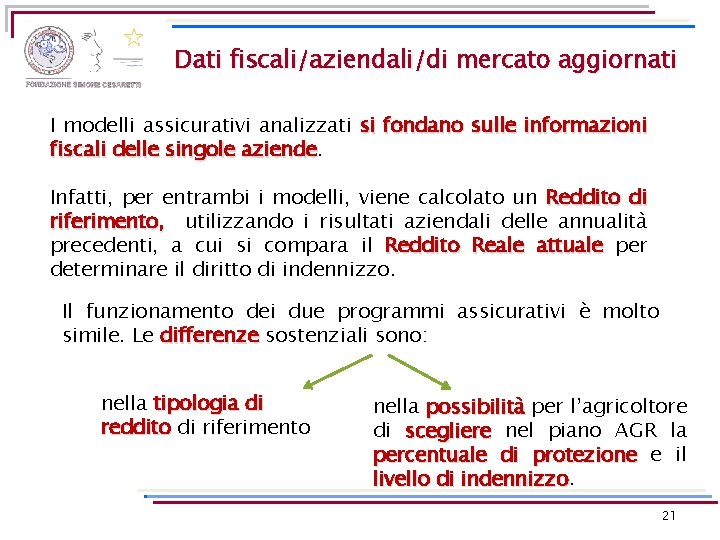 Dati fiscali/aziendali/di mercato aggiornati I modelli assicurativi analizzati si fondano sulle informazioni fiscali delle