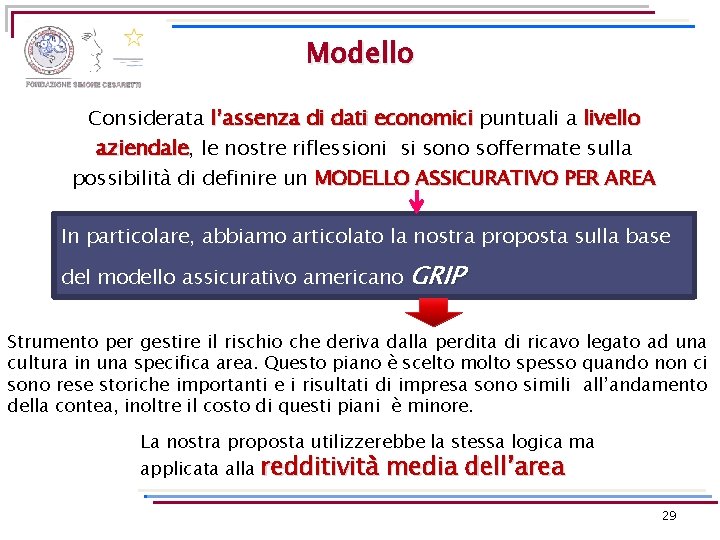 Modello Considerata l’assenza di dati economici puntuali a livello aziendale, aziendale le nostre riflessioni