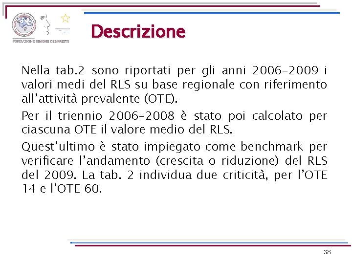 Descrizione Nella tab. 2 sono riportati per gli anni 2006 -2009 i valori medi