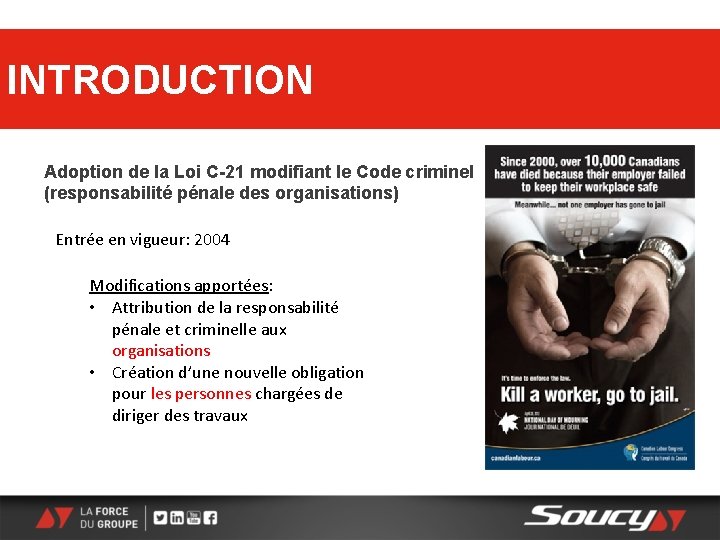 INTRODUCTION Adoption de la Loi C-21 modifiant le Code criminel (responsabilité pénale des organisations)