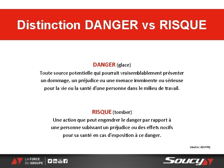 Distinction DANGER vs RISQUE DANGER (glace) Toute source potentielle qui pourrait vraisemblablement présenter un