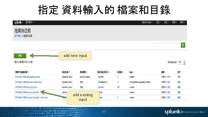 指定 資料輸入的 檔案和目錄 add new input edit existing input 13 