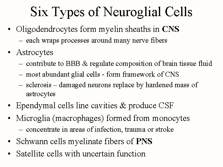 Six Types of Neuroglial Cells • Oligodendrocytes form myelin sheaths in CNS – each