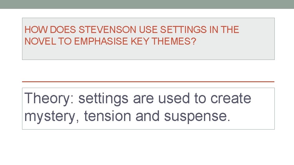 HOW DOES STEVENSON USE SETTINGS IN THE NOVEL TO EMPHASISE KEY THEMES? Theory: settings