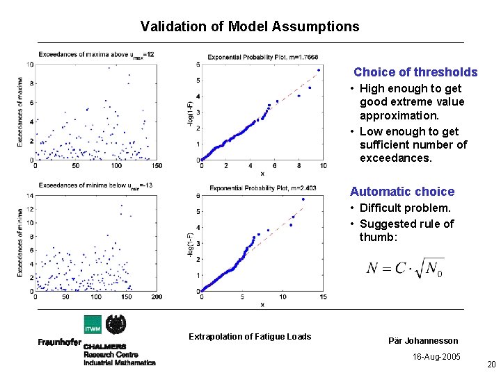 Validation of Model Assumptions Choice of thresholds • High enough to get good extreme