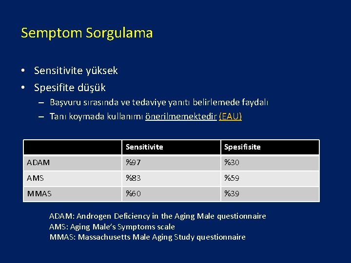 Semptom Sorgulama • Sensitivite yüksek • Spesifite düşük – Başvuru sırasında ve tedaviye yanıtı