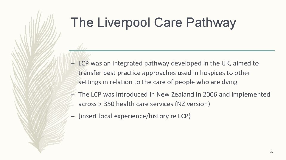 The Liverpool Care Pathway – LCP was an integrated pathway developed in the UK,