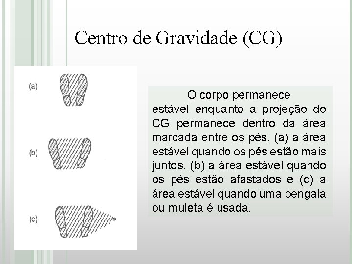 Centro de Gravidade (CG) O corpo permanece estável enquanto a projeção do CG permanece