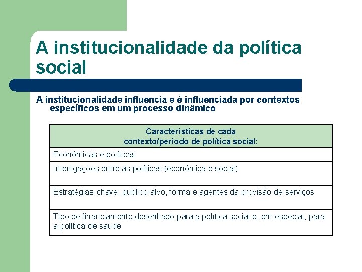A institucionalidade da política social A institucionalidade influencia e é influenciada por contextos específicos
