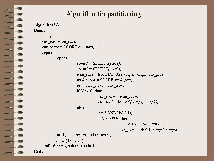 Algorithm for partitioning Algorithm SA Begin t = t 0; cur_part = ini_part; cur_score