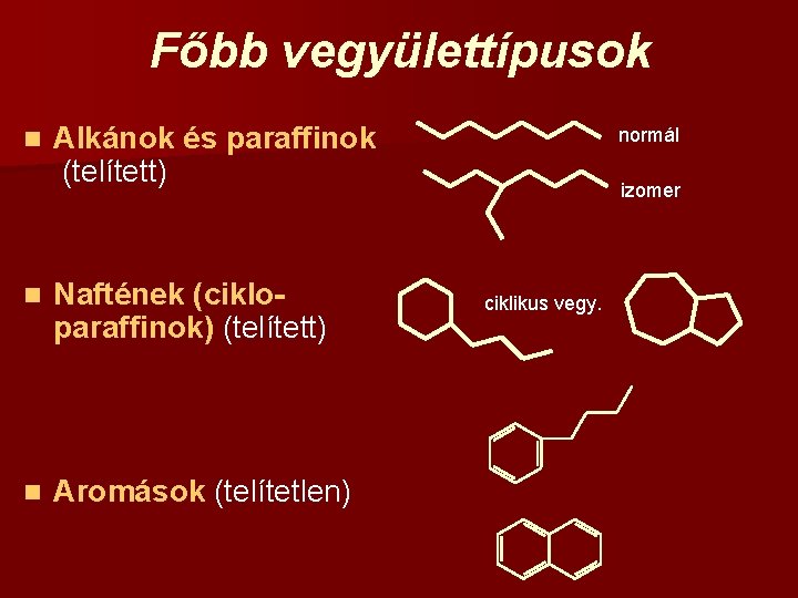 Főbb vegyülettípusok n Alkánok és paraffinok (telített) n Naftének (cikloparaffinok) (telített) n Aromások (telítetlen)