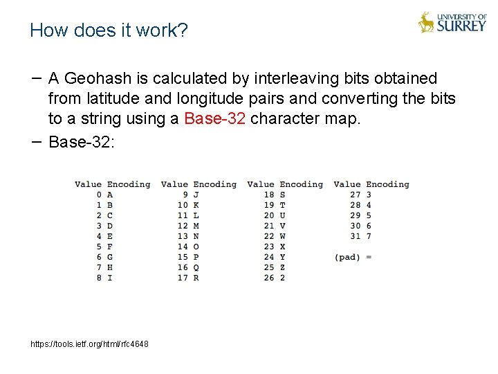 How does it work? − A Geohash is calculated by interleaving bits obtained from