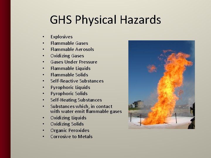 GHS Physical Hazards • • • • Explosives Flammable Gases Flammable Aerosols Oxidizing Gases