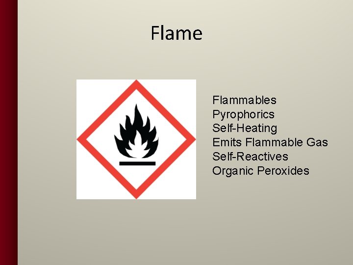 Flame Flammables Pyrophorics Self-Heating Emits Flammable Gas Self-Reactives Organic Peroxides 