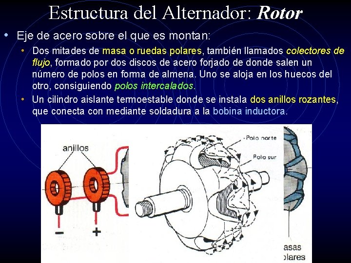 Estructura del Alternador: Rotor • Eje de acero sobre el que es montan: •