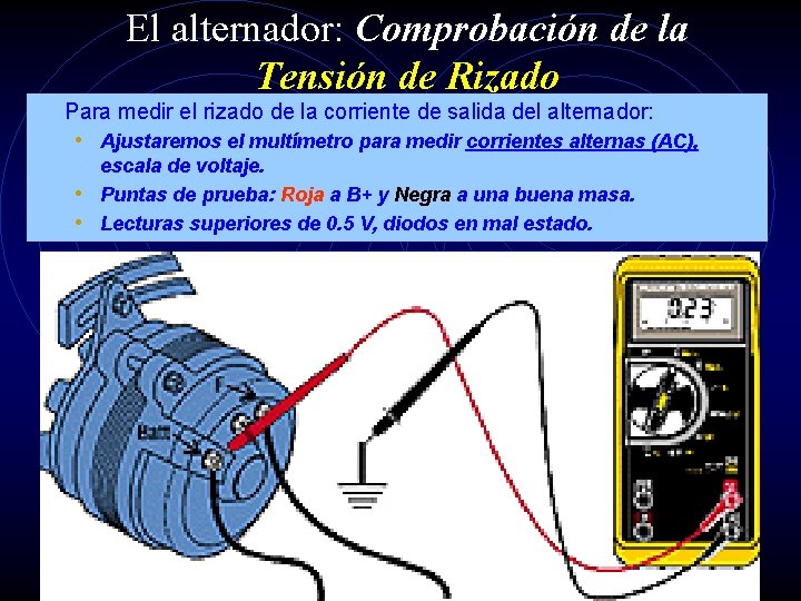 El alternador: Comprobación de la Tensión de Rizado • Para medir el rizado de