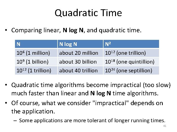 Quadratic Time • Comparing linear, N log N, and quadratic time. N 106 (1