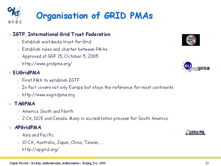 Organisation of GRID PMAs ² ² IGTF, International Grid Trust Federation ü Establish worldwide